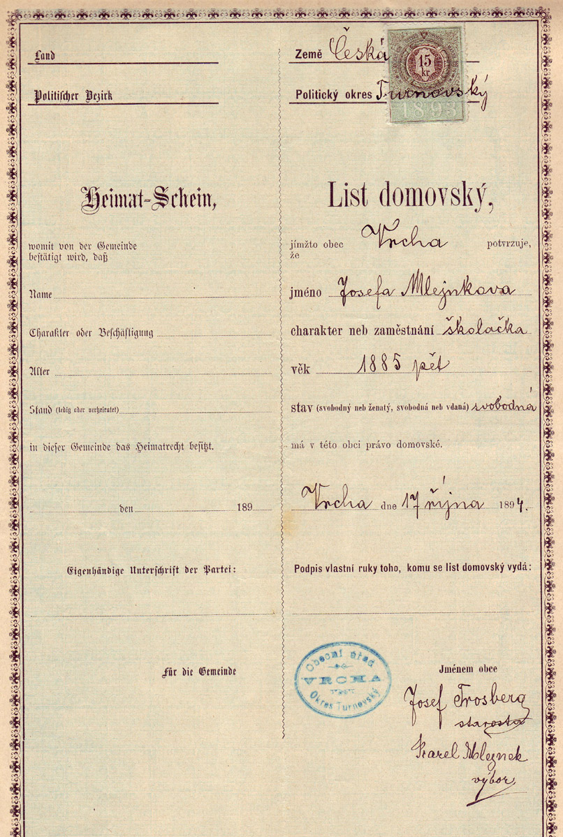 List domovský obce Vrcha Josefy Mlejnkové z roku 1894